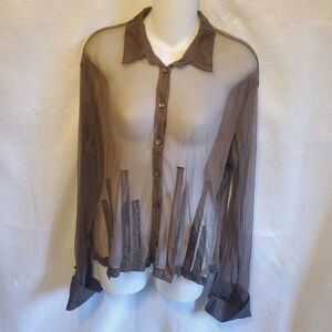 J Jill Sheer Button Up Blouse Brown Patchwork Trim Lagenlook Office Sz Med